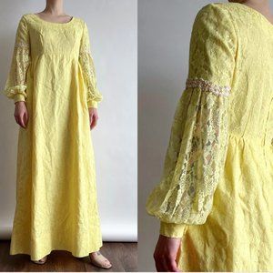 60s full lace yellow babydoll maxi dress with balloon sleeves & daisies